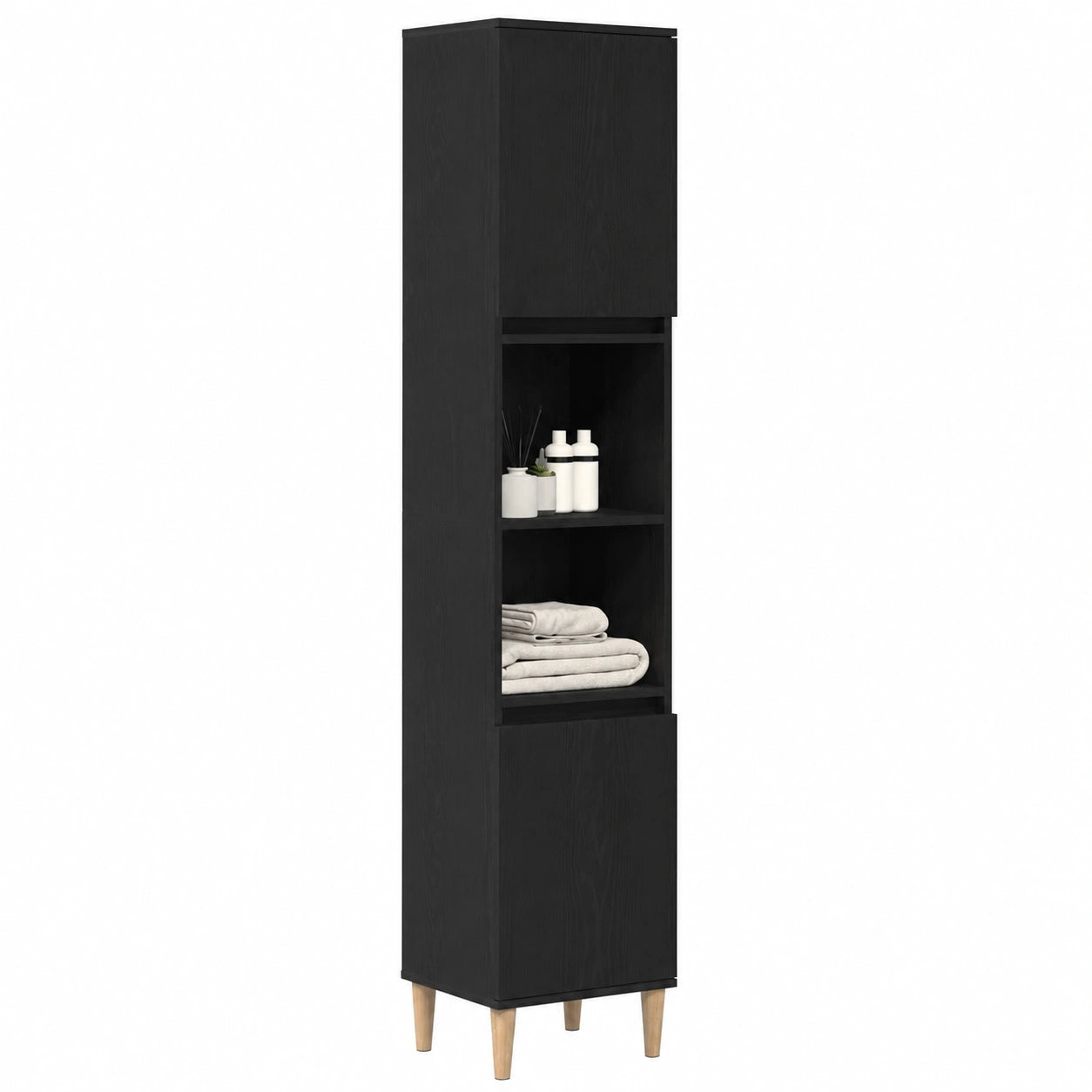 Armadio da Bagno Moderno Nero Rovere 30x30x190 cm in Legno Multistrato, Spazio di Archiviazione Ampio e Elegante