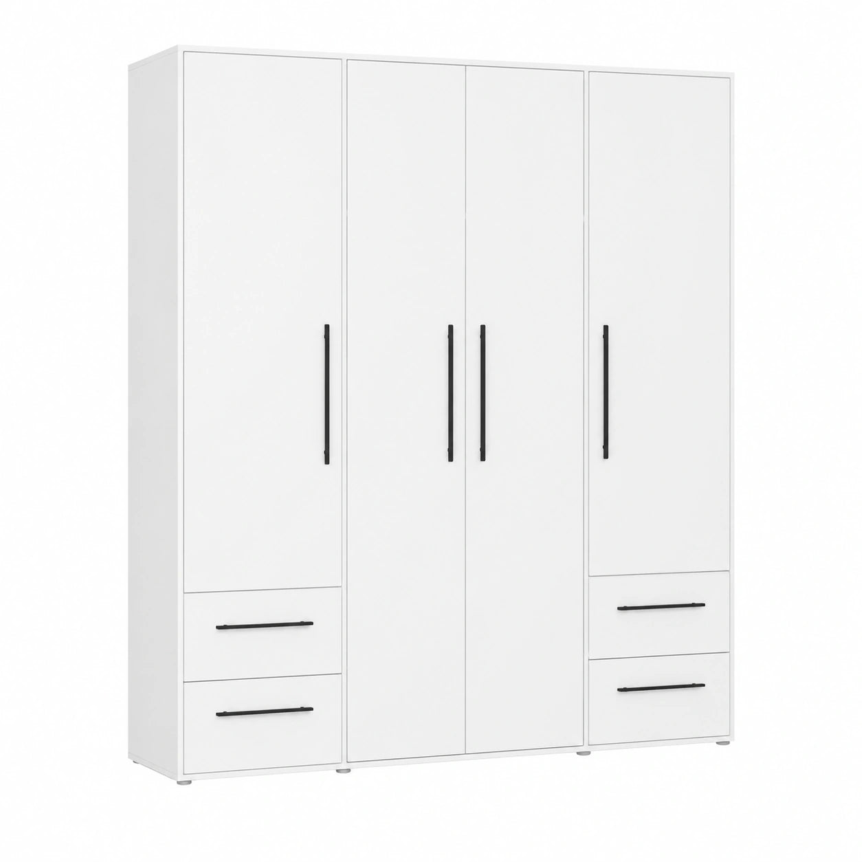 Armadio in Legno Bianco con 4 Ante e 4 Cassetti, Ripiani e Appendiabiti - Dimensioni 206x200x59 cm