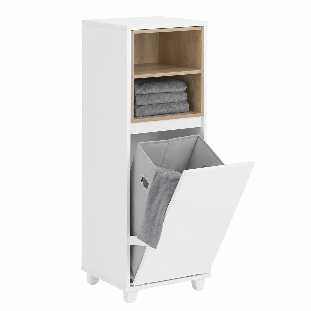 Armadio Bagno Salvaspazio con Cesto Portabiancheria, Bianco, 35x30x105 cm