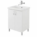 Armadio lavanderia in legno con vasca ceramica e strofinatoio, sifone e piletta inclusi, bianco 60x50 cm, doppia anta