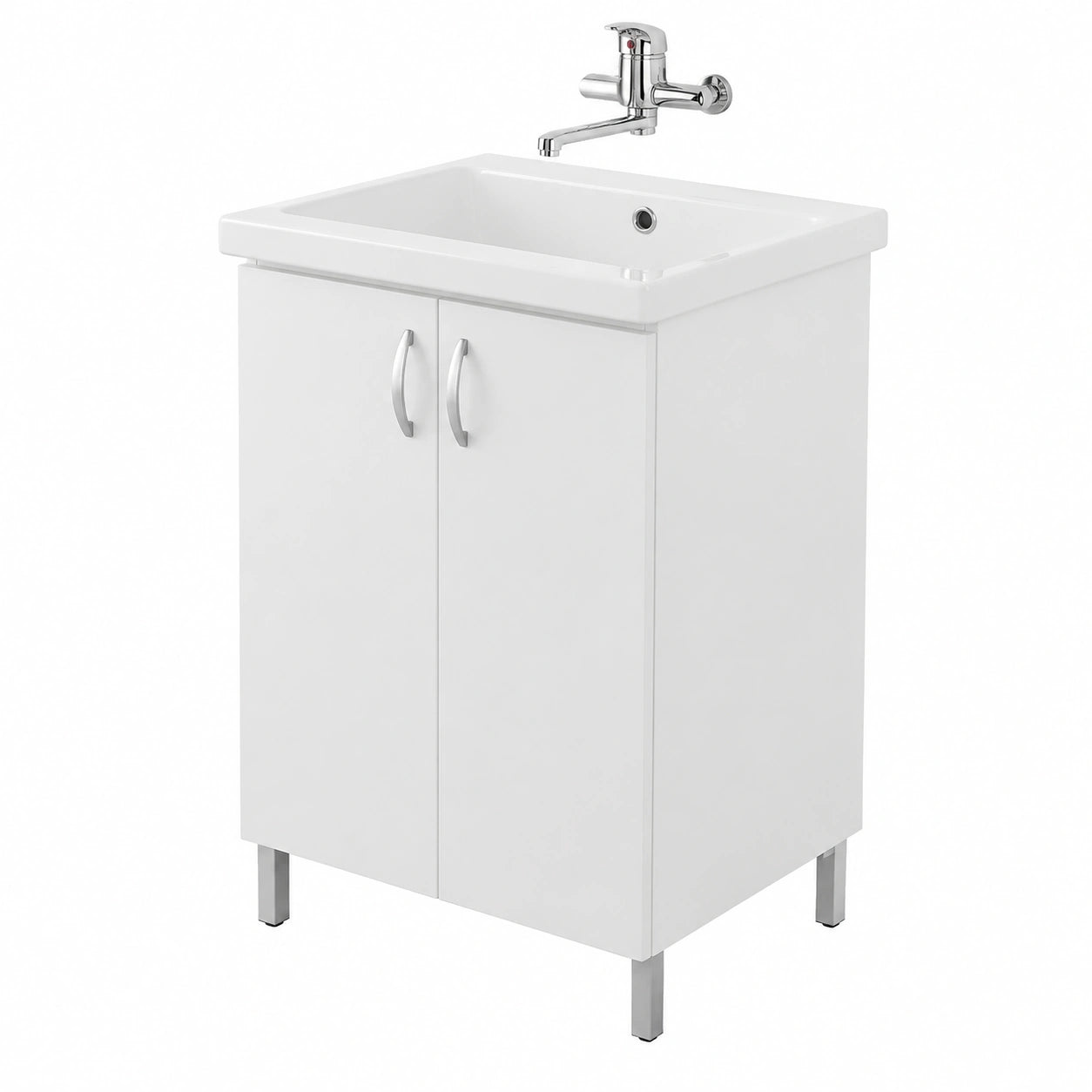 Armadio lavanderia in legno con vasca ceramica e strofinatoio, sifone e piletta inclusi, bianco 60x50 cm, doppia anta