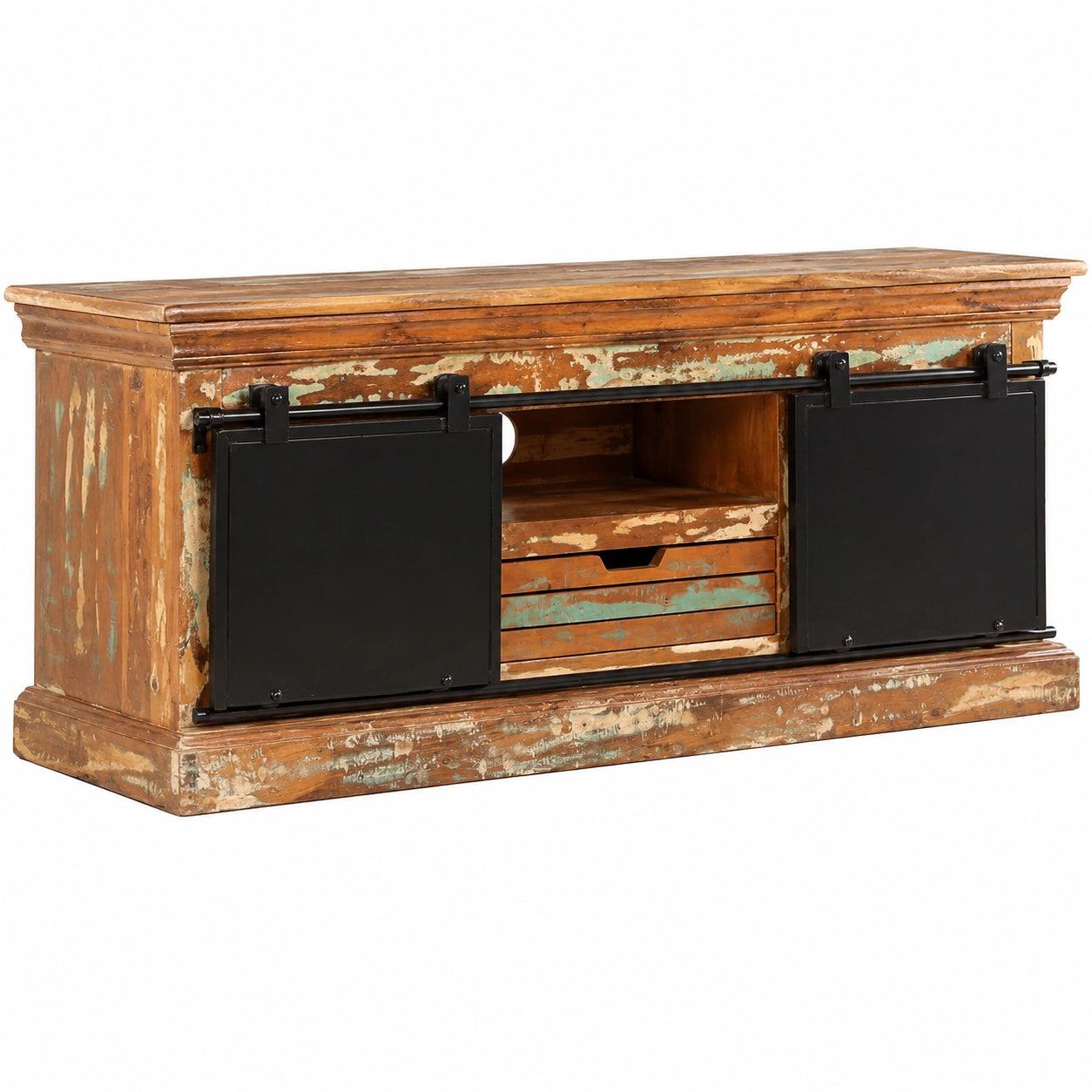 Mobile TV Vintage in Legno Massello Recuperato con Armadietto