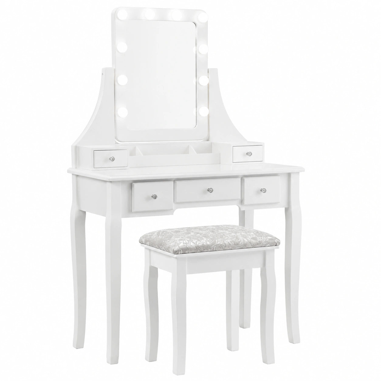 Tavolo Trucco Moderno con Specchio Rotante e Luci LED, Sgabello Imbottito, 5 Cassetti